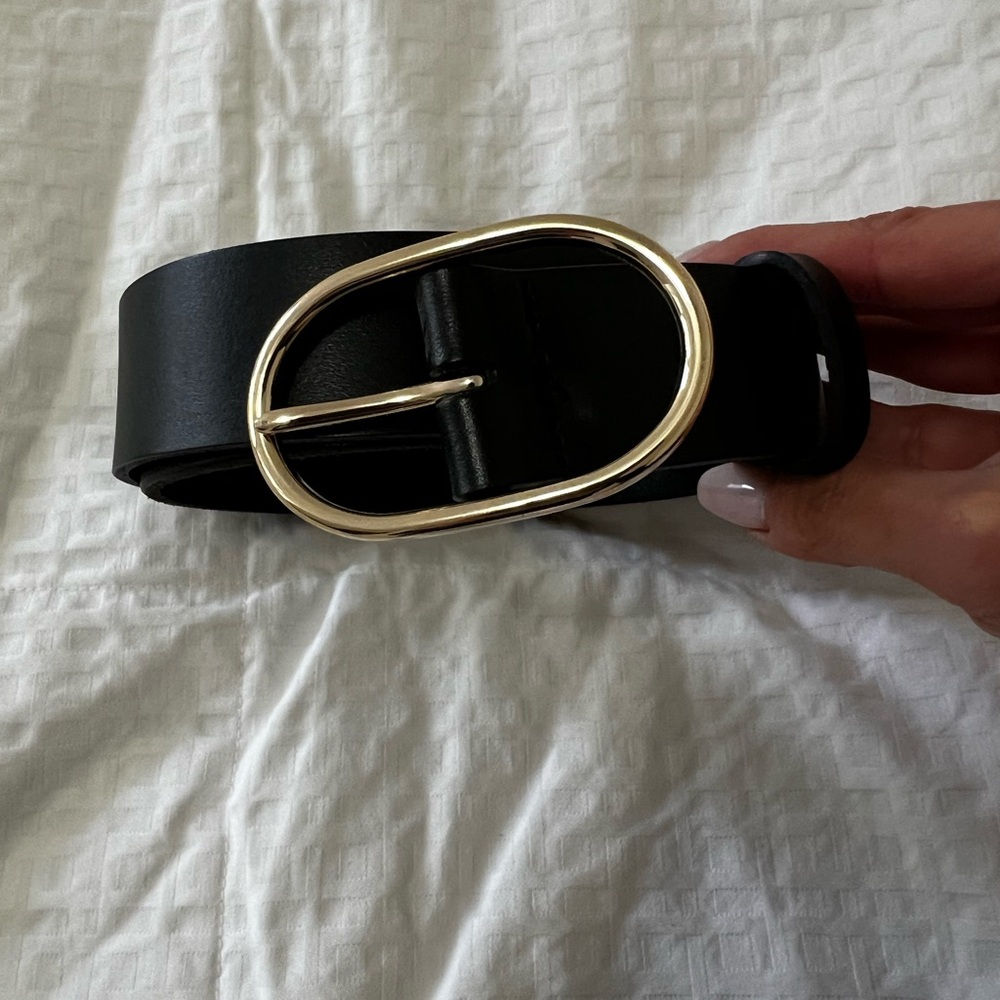 J. Crew Black Leather Belt with Gold Oval Buckle